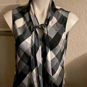 Checkered, sleeveless, satiny blouse.